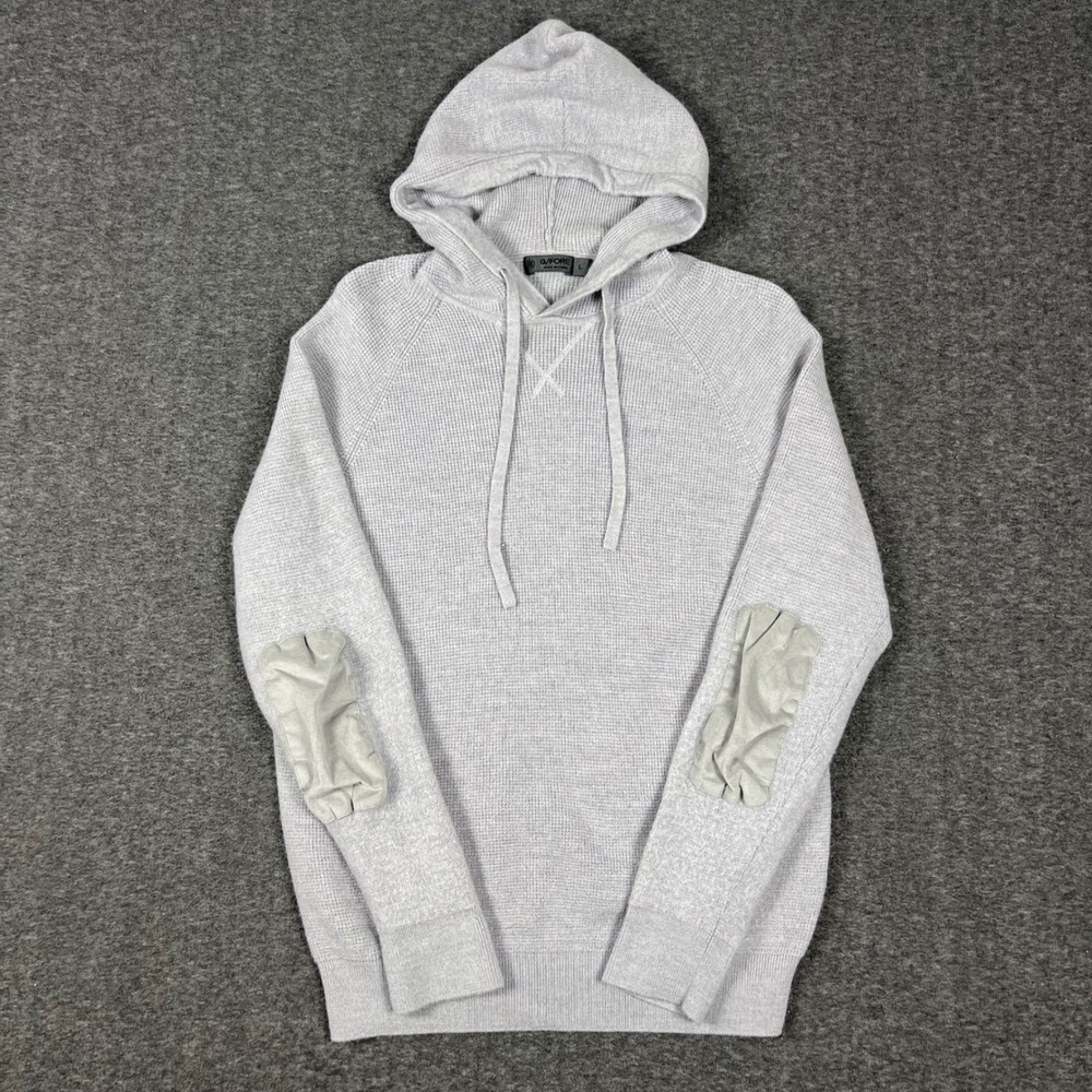 G/FORE 100% Wool Knit Hoodie Mens Large Light Gray Elbow Patches Waffle Logo